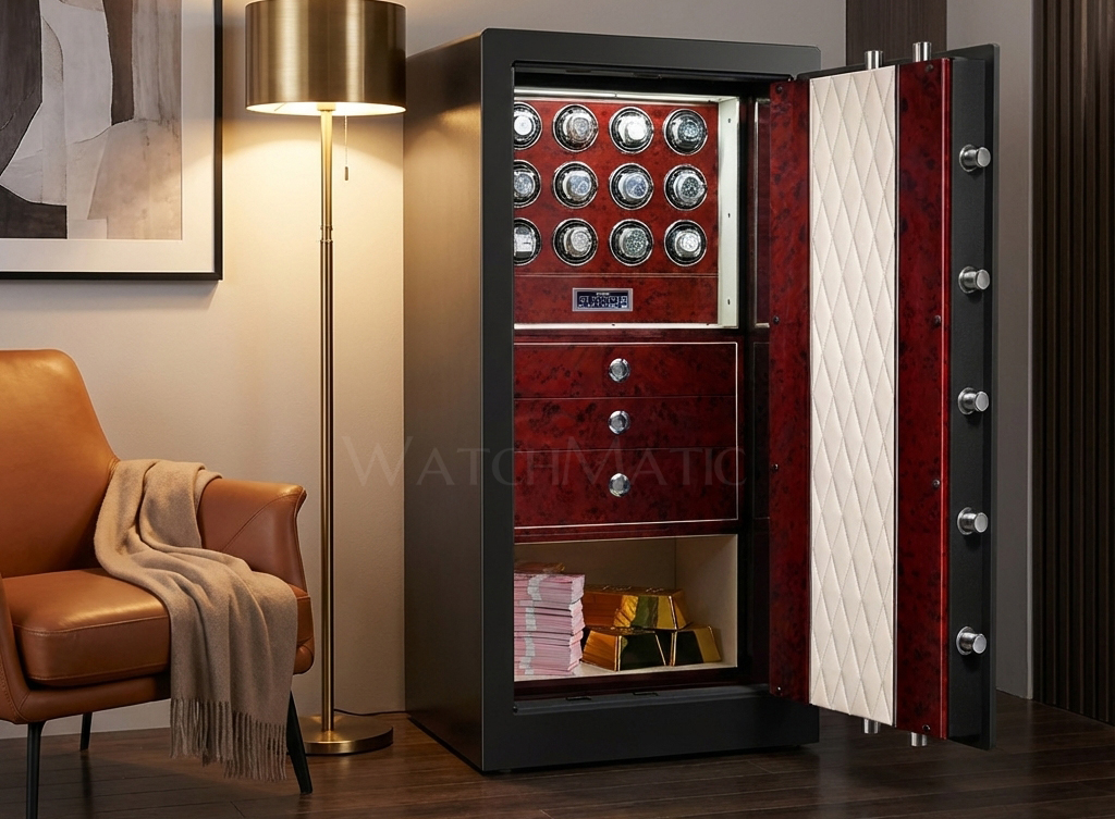 Large floor-standing luxury watch safe cabinet with LED lighting and multiple winding rotors