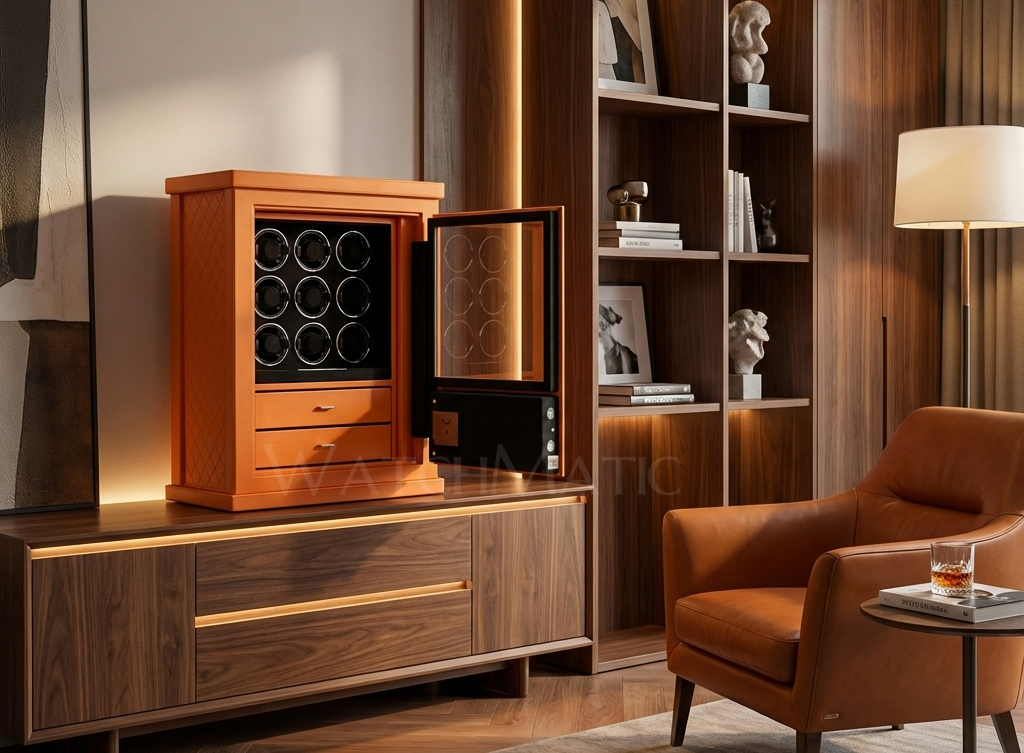 Luxury watch winder safe integrated into a modern home office bookshelf