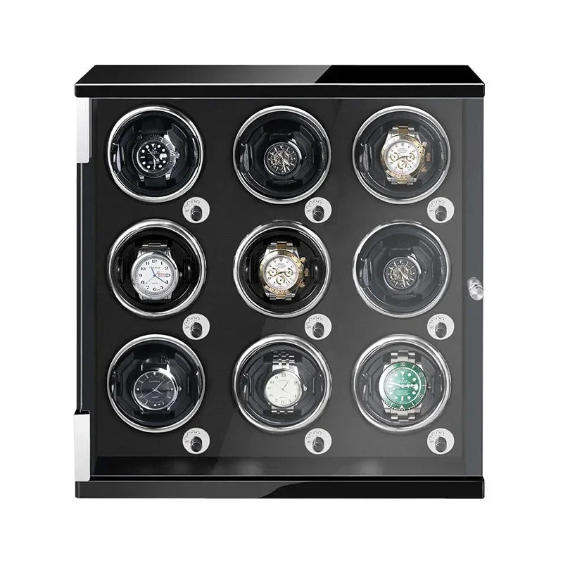 WATCHMATIC Bruno Black Luxury Watch Winder - 9 Slots Vertical Type D;14:3479 epitopes black paint + black PU [open cover self-stop + LED light] - WatchMatic